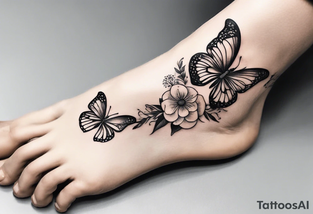 Butterfly wrap tattoos with large centre piece with moon and floral theme. Bracelet around ankle show on ankle tattoo idea