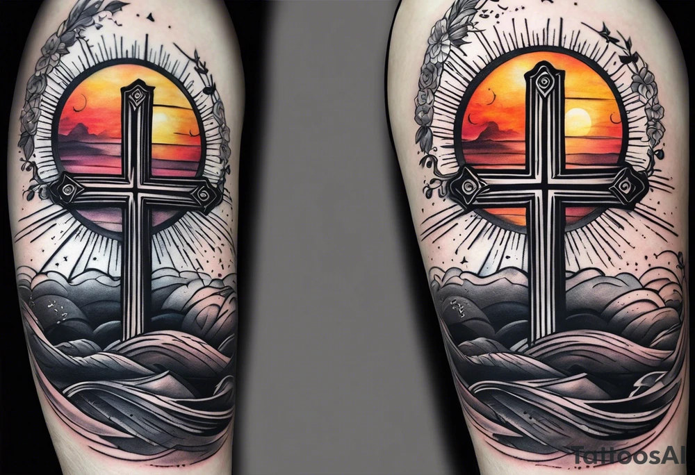 A cross with a ribbon around it with the text stay true to who you are with the colors of a sunset fading out from behind it tattoo idea