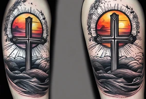 A cross with a ribbon around it with the text stay true to who you are with the colors of a sunset fading out from behind it tattoo idea
