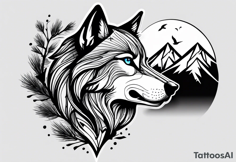 Creative, aesthetic black and white tattoo design for whole wrist which should include camera aspects in style and in an aesthetic manner, half wolf face with blue eyes, rapping elements and adventure elements like mountains,birds,pine trees. tattoo idea