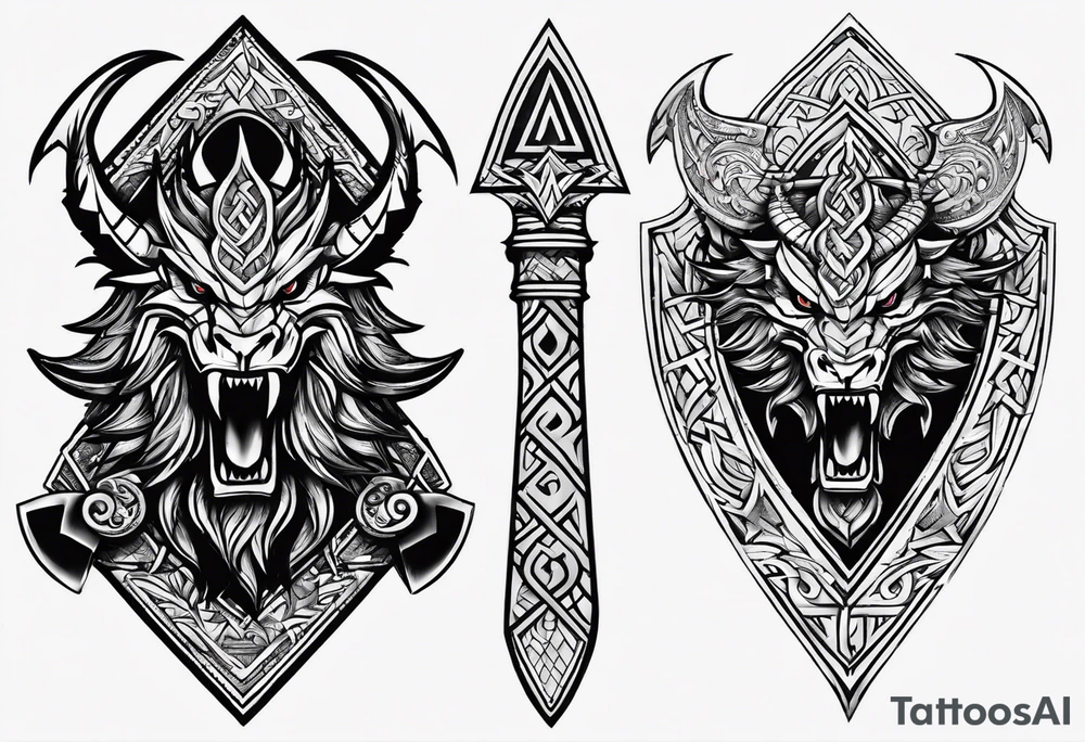 Valhalla sword shield dragon axe Valknut tribal tattoo idea Valhalla sword shield dragon axe Valknut tribal tattoo idea