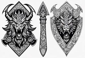 Valhalla sword shield dragon axe Valknut  tribal tattoo idea