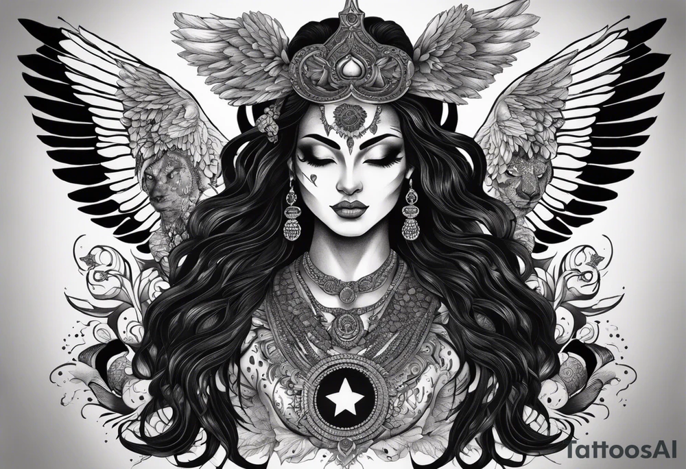 black kali, goddess pirate, alien, angel, pachamama, valkrye, warrior, flying, skull, lotus azul, wing, eagle, zenza resonance, stars, 5D, anahata chakra, death, durga, riding on a tiger, flying lady, kundalini, chest tatoo, samuri, rebel,serpent tattoo idea