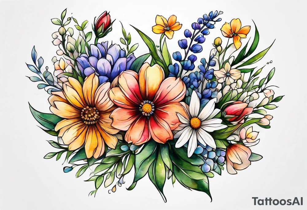 long stem wildflower bouquet tattoo idea