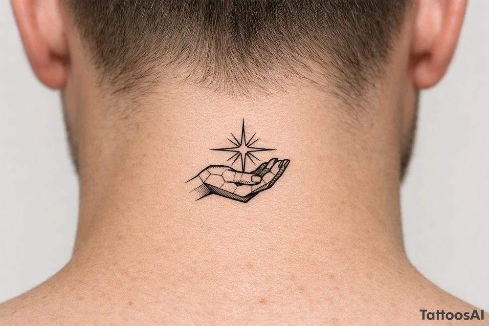 Geometric hand silhouette cradling a vibrant starburst with sharp lines. Single needle style. tattoo idea