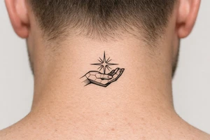 Geometric hand silhouette cradling a vibrant starburst with sharp lines. Single needle style. tattoo idea