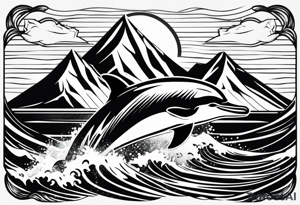 Mountains and dolphin in 
ocean waves crashing diamond shape tattoo idea