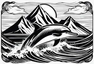 Mountains and dolphin in 
ocean waves crashing diamond shape tattoo idea