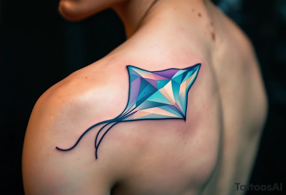 A graceful ray fish glides through deep turquoise waters, its diamond-shaped body shimmering in gradients of silvery blue and soft lavender, with delicate dark spots trailing along its gently undulating wings. tattoo idea