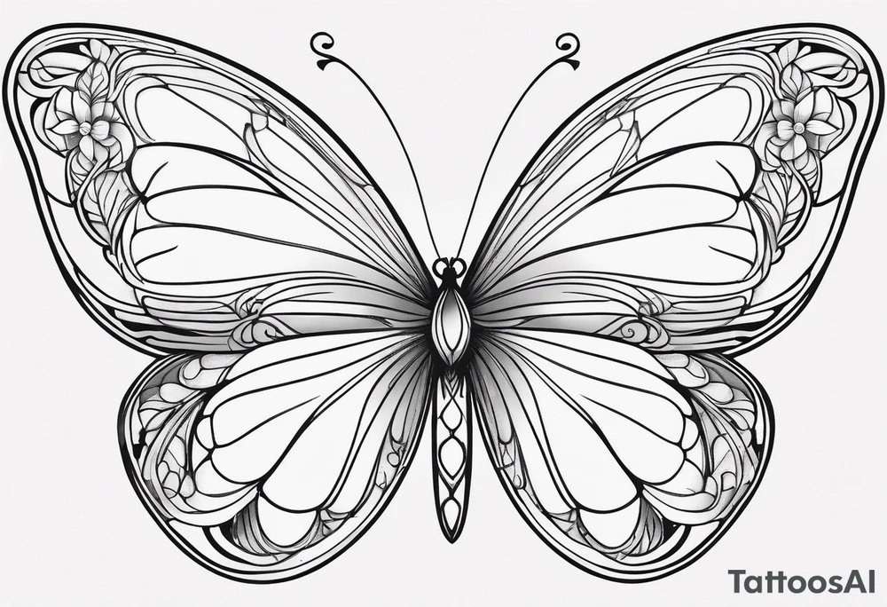 Delicate butterfly with soft, flowing lines, minimalist design inspired by Alphonse Mucha’s organic Art Nouveau curves, subtle floral detailing in the wings. tattoo idea