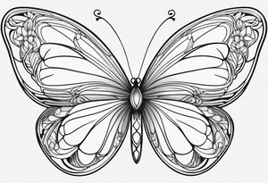 Delicate butterfly with soft, flowing lines, minimalist design inspired by Alphonse Mucha’s organic Art Nouveau curves, subtle floral detailing in the wings. tattoo idea