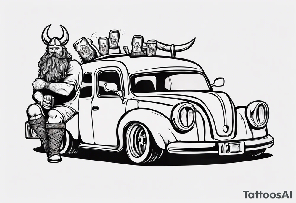 A Viking driving a car drinking a beer tattoo idea
