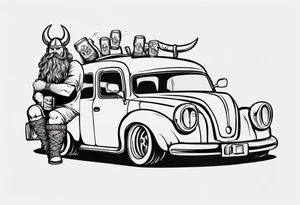 A Viking driving a car drinking a beer tattoo idea