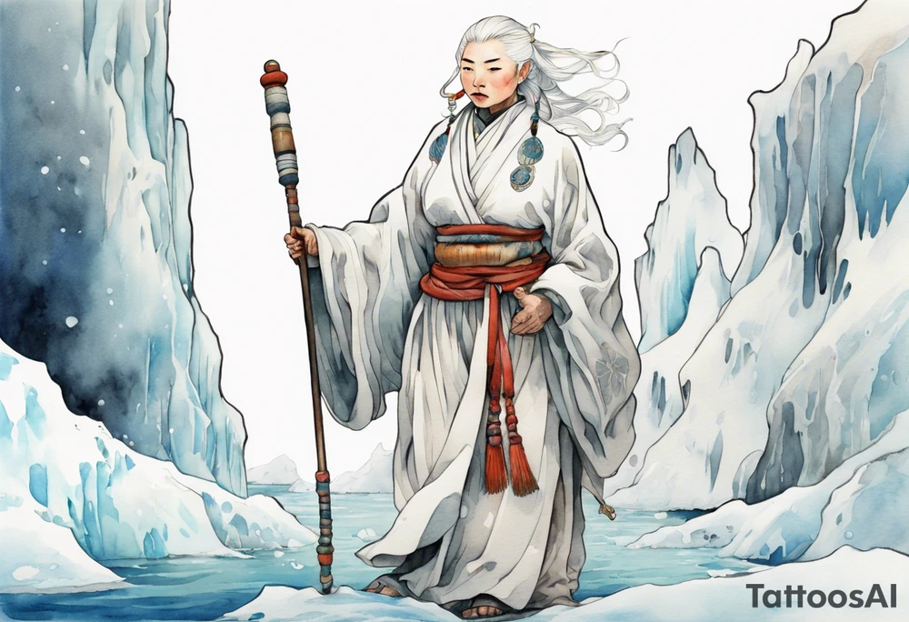 a 40 year old Sami woman with white hair and a white robe holding a white staff, standing on an iceberg tattoo idea