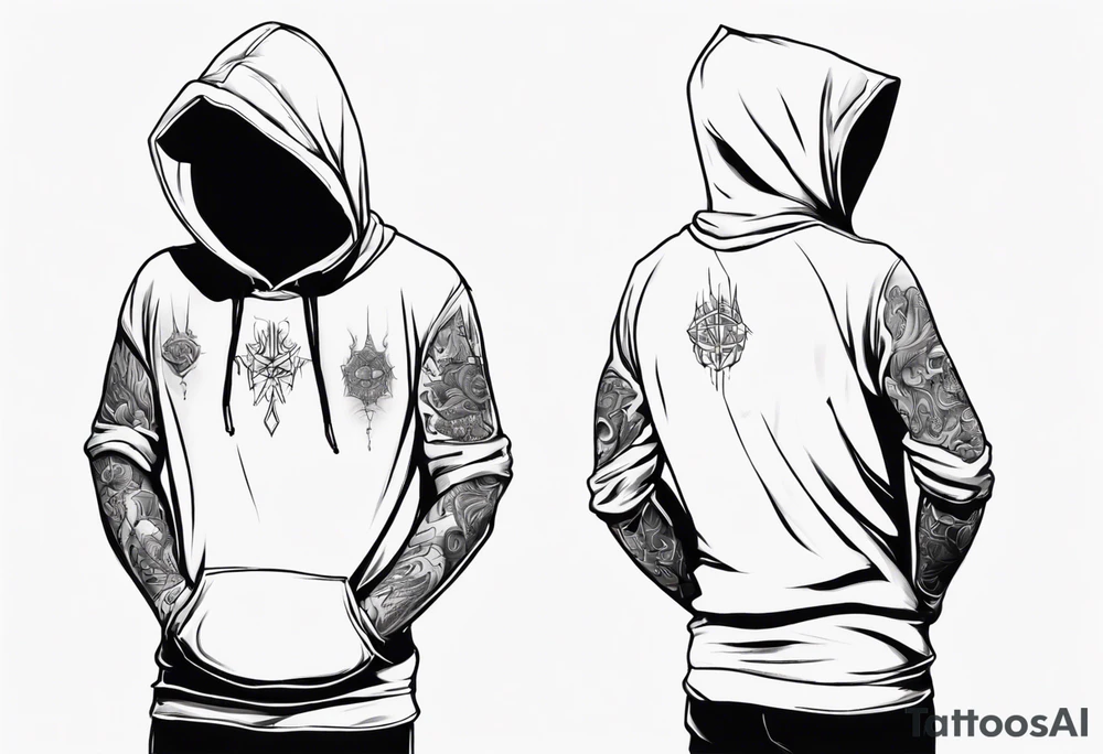 A human in a hoodie, looking down. tattoo idea