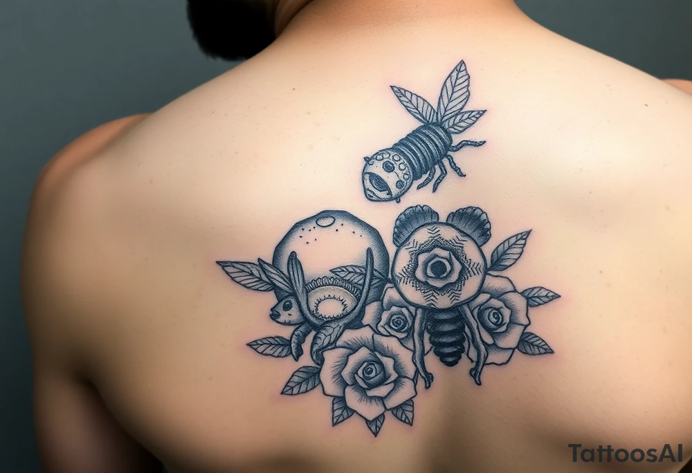Colorful sea creatures with honey comb, bees, and roses tattoo idea