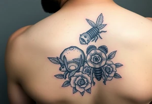 Colorful sea creatures with honey comb, bees, and roses tattoo idea