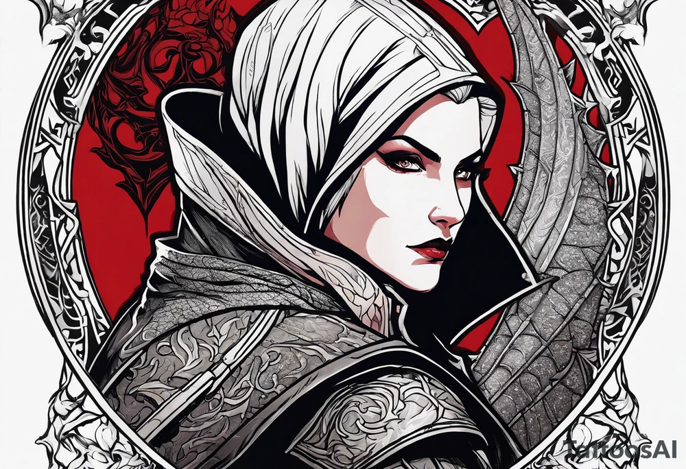 Inquisitor from Dragon Age against the backdrop of the bloody shadow of a dragon. With quote as long as my heart beats I will fight. tattoo idea