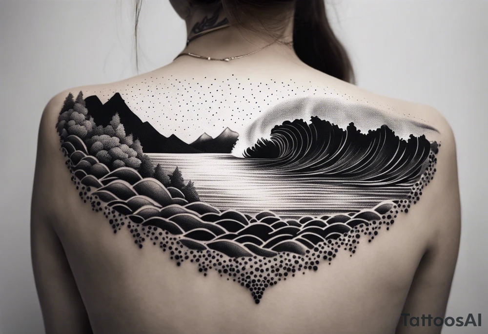 A river that becomes a beach with big waves tattoo idea