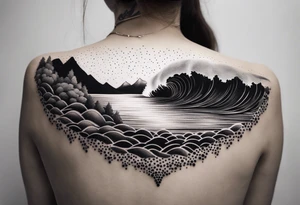 A river that becomes a beach with big waves tattoo idea