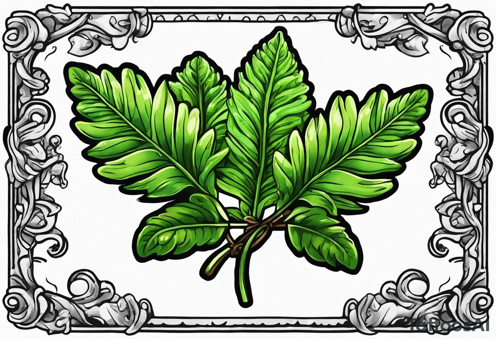 Fern leaf and basil leaf tied with a kawaii ribbon tattoo idea