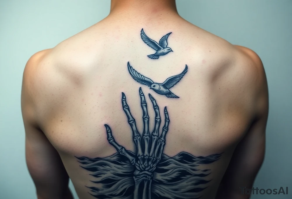 Skeleton hand reaching out of the ocean for a flying swallow in the Sailor Jerry style tattoo idea