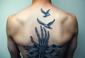 Skeleton hand reaching out of the ocean for a flying swallow in the Sailor Jerry style tattoo idea