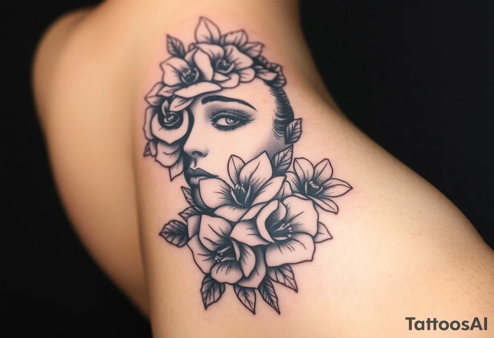 A detailed woman's face blended with roses, lilies, or cherry blossoms. tattoo idea