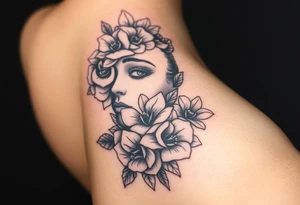 A detailed woman's face blended with roses, lilies, or cherry blossoms. tattoo idea