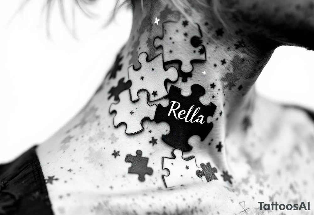 Puzzle piece neck tattoo where one of the pieces says Rella tattoo idea