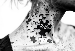 Puzzle piece neck tattoo where one of the pieces says Rella tattoo idea