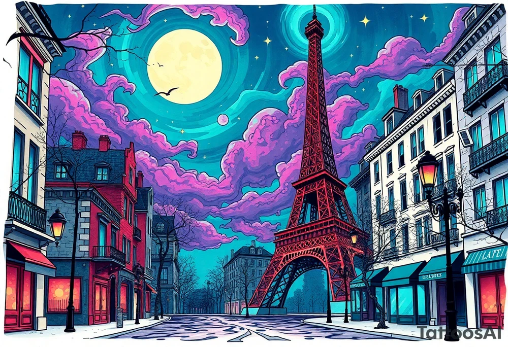 Tim Burton’s paris streets with effel tower from outside view is the street abandoned and dripping with muted reds, dusty pinks, and eerie green glow purple and cyan smokey clouds swirl and dance in the moonlit night sky filled with twinkling stars  tattoo idea tattoo idea