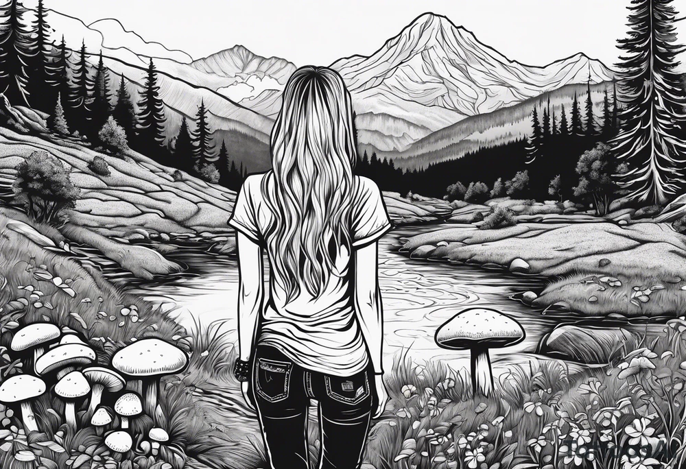 Straight long blonde hair hippie girl in distance holding mushrooms in hand facing away toward mountains and creek surrounded by mushrooms tee shirt and hiking pants tattoo idea
