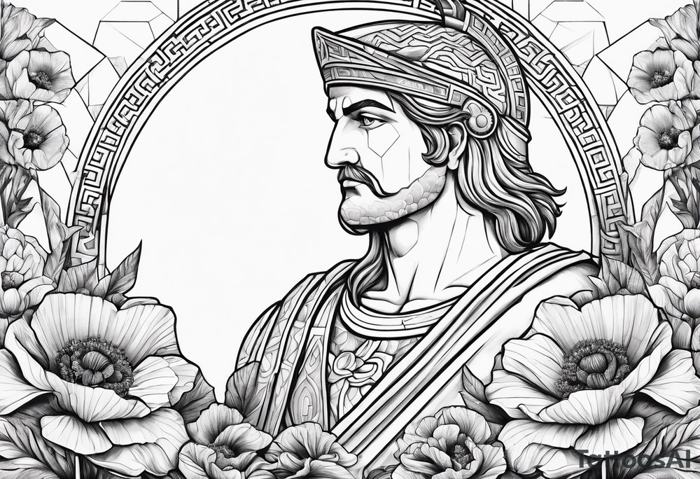 Greek warrior tending to Poppy flower growing out of rock tattoo idea
