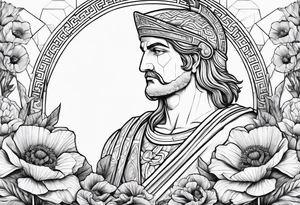 Greek warrior tending to Poppy flower growing out of rock tattoo idea