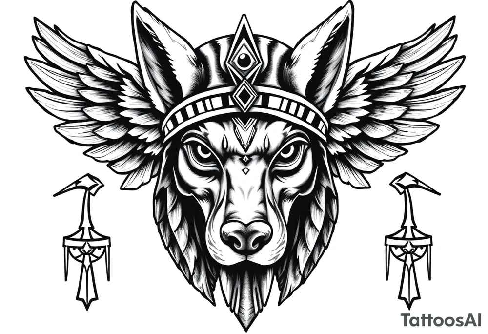 Egyptian Anubis god face muscle in Egypt style  with mantle on head with empty eyes 

dog face surrounded Egyptian symbols based on elements tattoo idea
