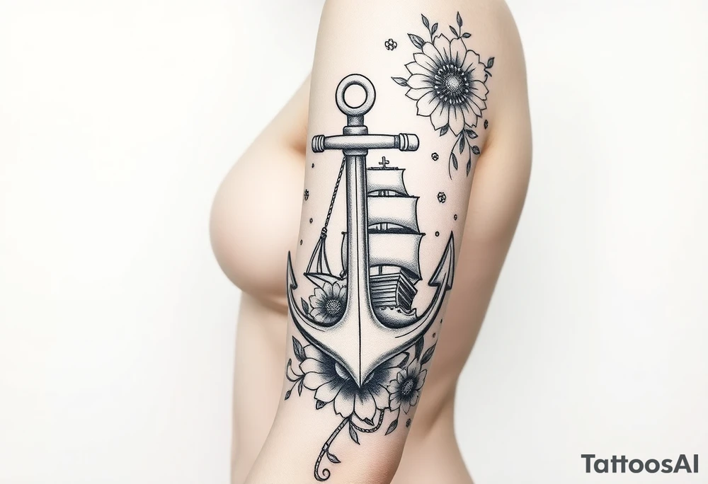 Anchor and ship hidden in floral pattern tattoo idea