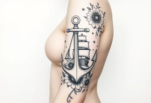 Anchor and ship hidden in floral pattern tattoo idea