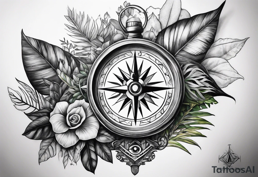sleeve, jungle plants, compass, all-seeing eye tattoo idea