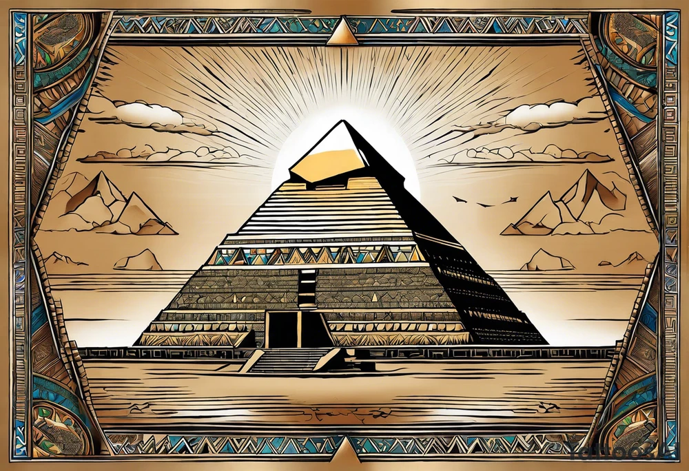 Leg sleeve on right leg between the knee and ankle. Include the great pyramids of Giza shooting beams of light straight up into the sky from the tips of the pyramids. Also include ancient technology from ancient civilizations like Vedic India, Sumer, Atlantis, etc. tattoo idea