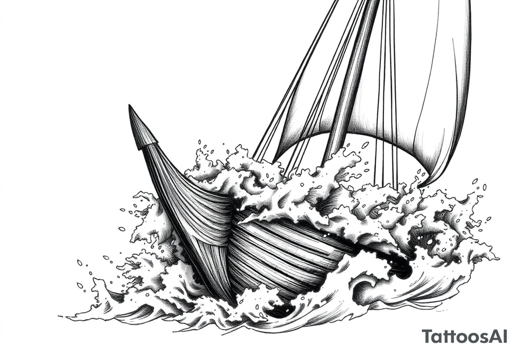 Close-up of a Viking ship's prow cutting through turbulent, foamy sea spray. tattoo idea