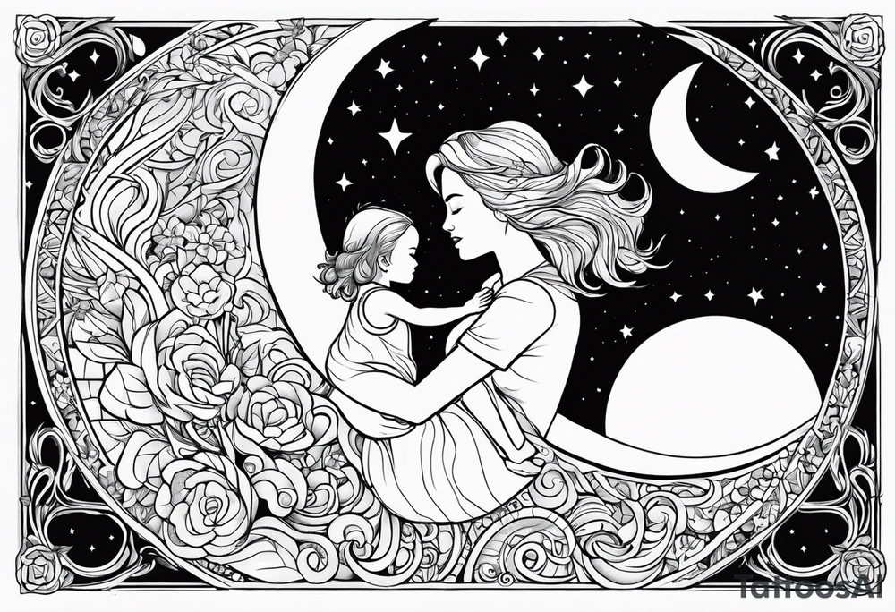 Says I love you to the moon and back mum, with detailed picture of a mother and daughter on a moon hugging tattoo idea