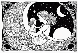 Says I love you to the moon and back mum, with detailed picture of a mother and daughter on a moon hugging tattoo idea