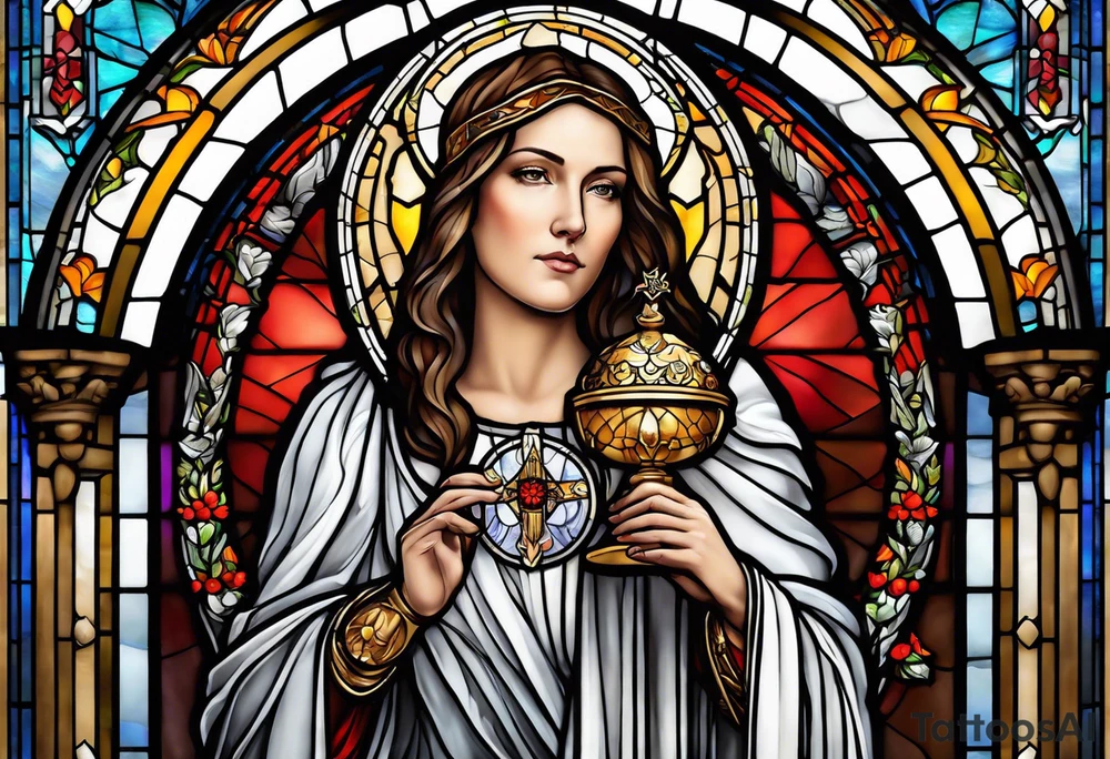 holy saint woman with halo stained glass holding a chalice with artillery tattoo idea