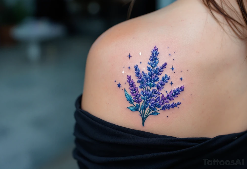 A lavender bouquet floating in a starry sky, in shades of blue, violet, and silver. tattoo idea