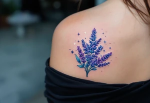 A lavender bouquet floating in a starry sky, in shades of blue, violet, and silver. tattoo idea