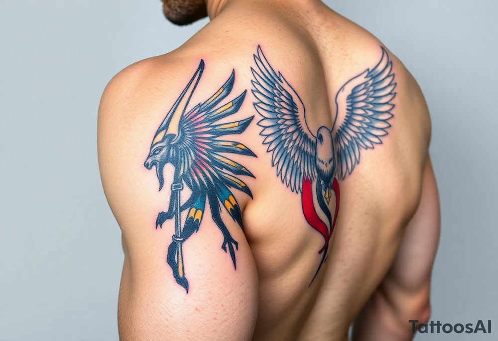 Anubis and a Guardian Angel Back to Back (only red , blue and black are possible colors) tattoo idea