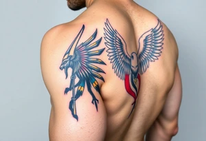 Anubis and a Guardian Angel Back to Back (only red , blue and black are possible colors) tattoo idea