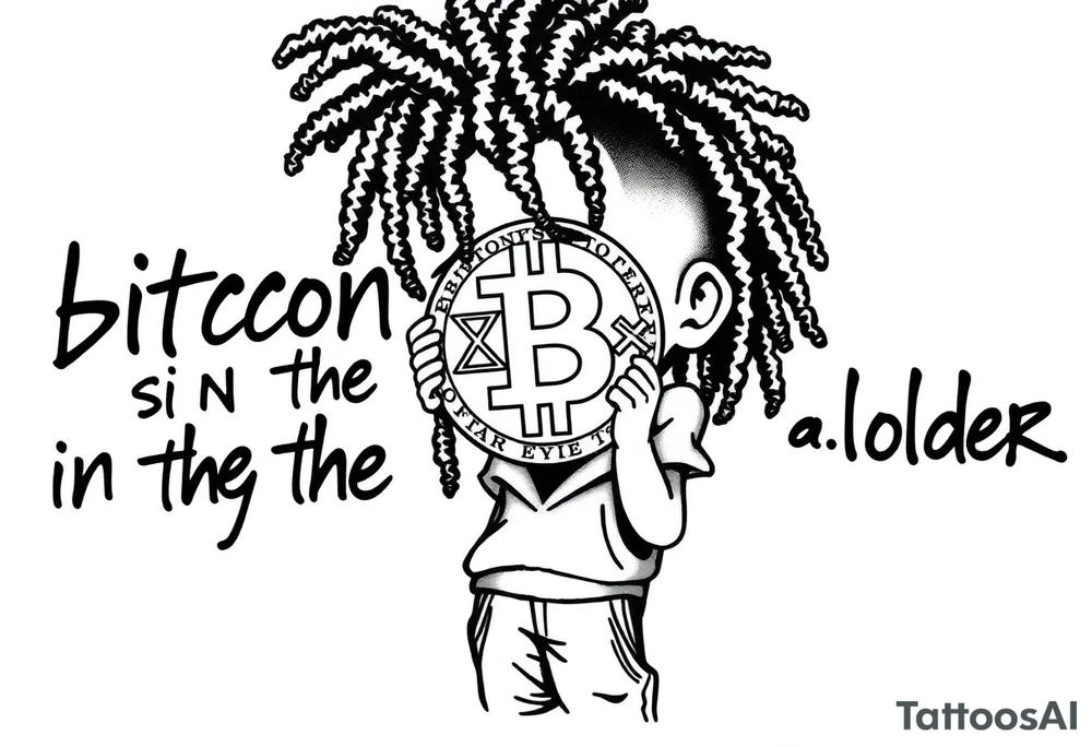 Create a tattoo stencil Use a street-art / pop-art vibe with a cartoon figure with dreadlocs holding a bitcoin to cover his eyes have bold lines, “x” for eyes. make them have on a hoodie and jogger sweatpants have in the background in graffiti letters “bitcoin is in the eye of the beholder” tattoo idea