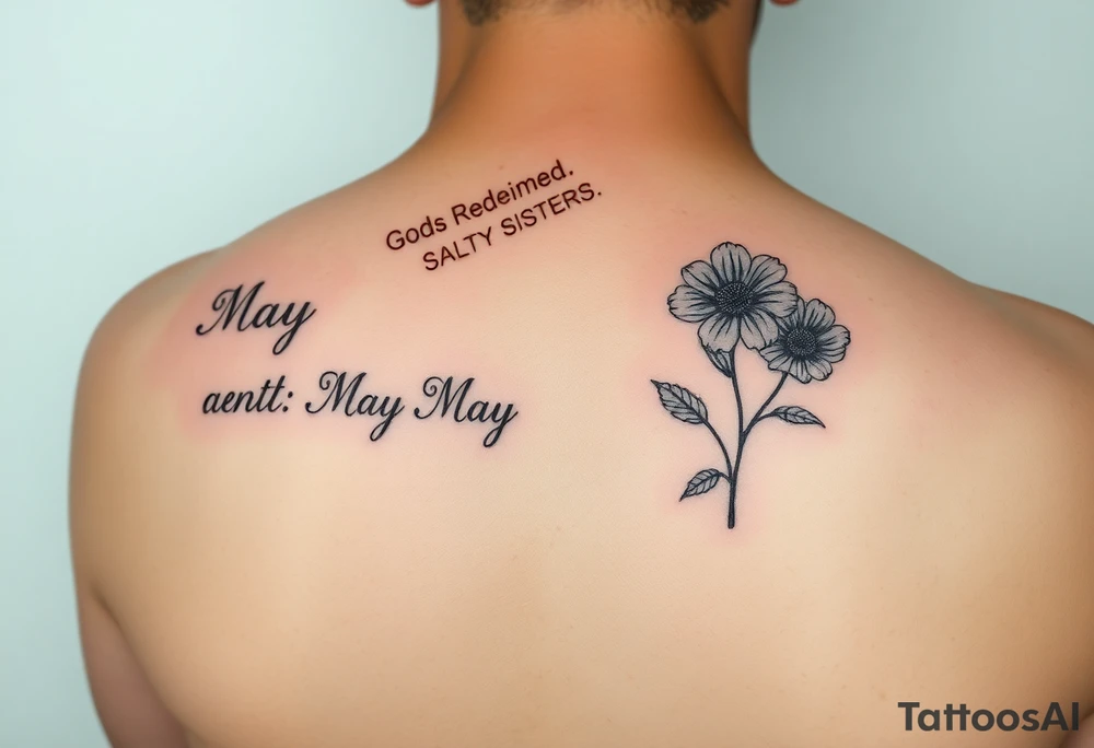 Smaller tattoo with May and December birth month flowers and the saying Gods Redeemed Obedient Salty Sisters aligned to the left tattoo idea